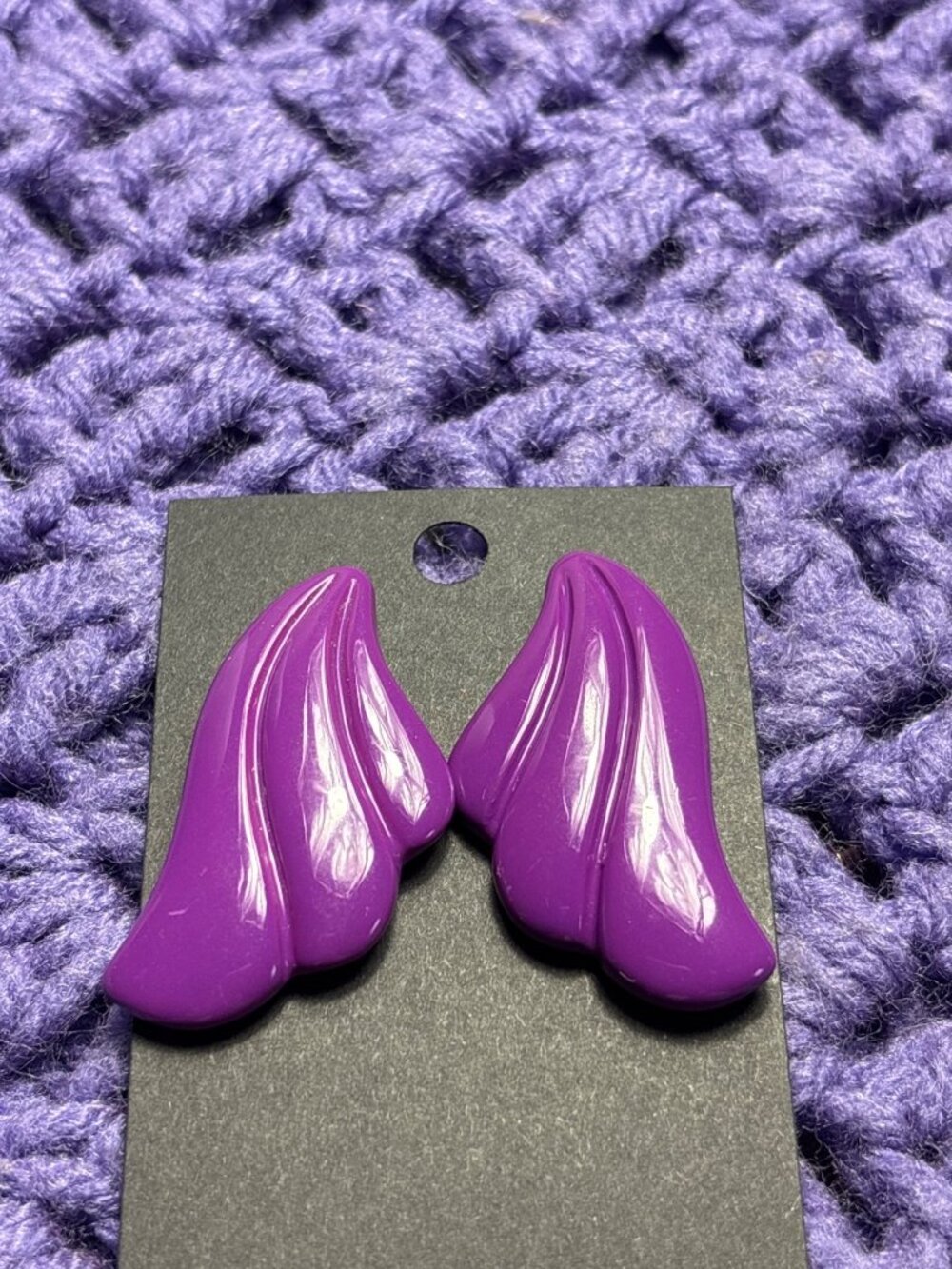 Vintage Purple Plastic Fan Stud Earrings 1.75 inches Wear on Back